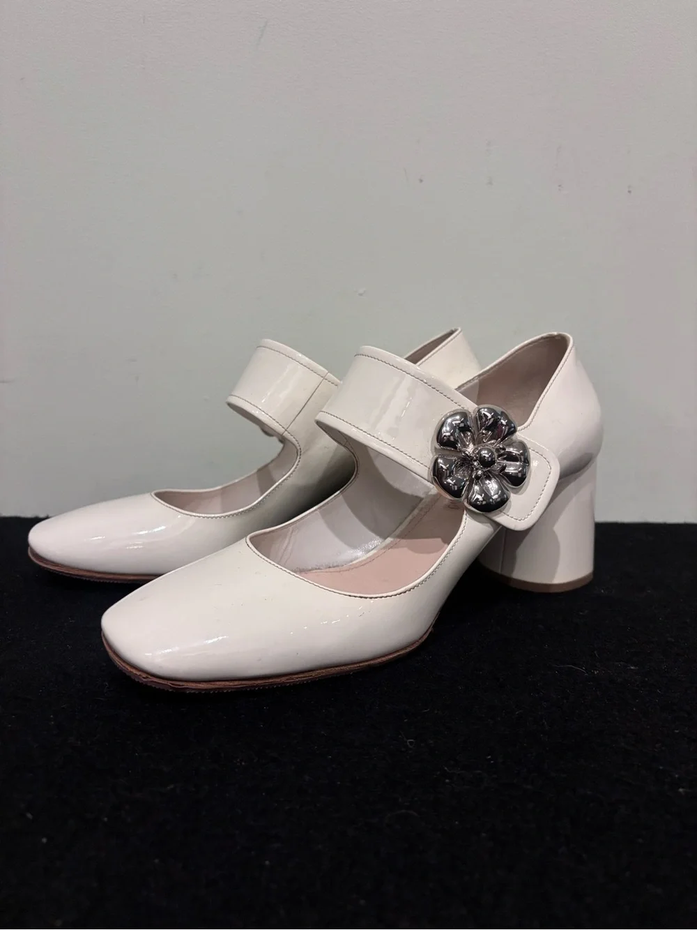 Prada White Patent Mary Jane Block Heel Pumps with Silver Floral Buckle